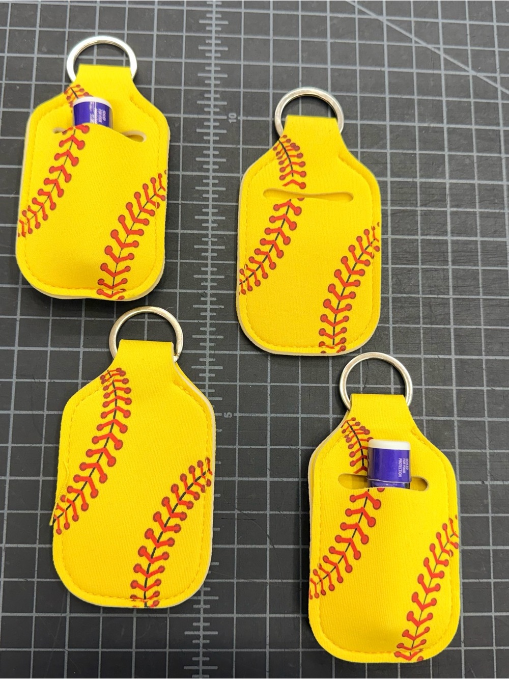 NWOT SET OF 4 Neon Yellow Softball Stitch Lip Balm Keychain Holder - Tball gift